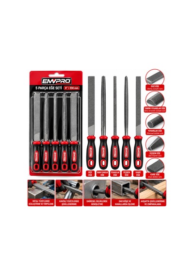 5pcs Çelik Eğe Seti Balık Sırtı - Üçgen - Kare - Yuvarlak - Düz Geniş Eğe 20cm+pls.sap 10cm 30cm 5728