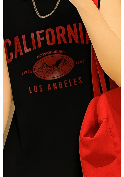 California Baskılı Siyah Kolsuz Atlet Kadın Sıfır Kol Oversize T-shirt Siyah