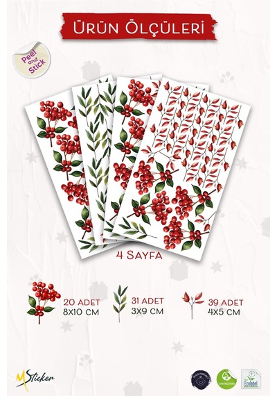 Kokina Çiçeği 3 Yılbaşı Süsü Yılbaşı Sticker Yılbaşı Hediyesi Cam Duvar Sticker Seti Dijital Baskı
