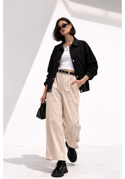Kadın Oversize Basic Gabardin Mevsimlik Polo Yaka Ceket-385 Siyah
