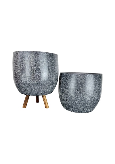Bitki Tasarımı Ev Dekorasyon Aksesuar Gri Granit Toprak Saksı Saksılık Salon Çiçeklik İkili Set Ayaksız - 3 Ayaklı- 19 Cm