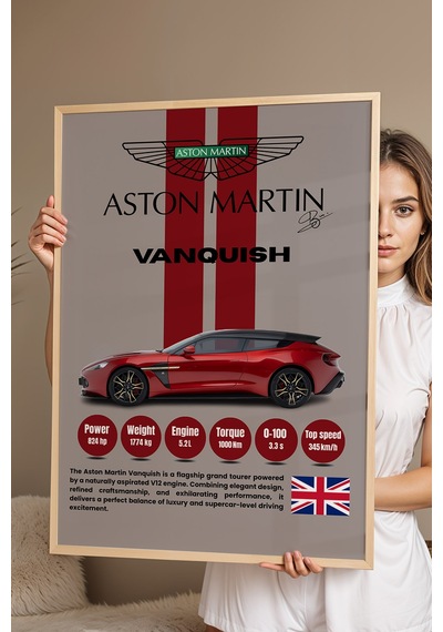 Aston Martin Vanquish Araba Tablosu - Teknik Özellikli Otomobil Poster - Çerçeveli Duvar Dekoru Kayın