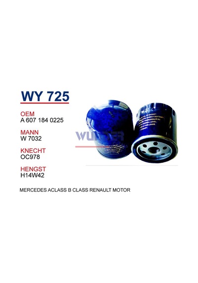 WUNDER WY725 YAĞ FİLTRESİ - MERCEDES A-KLASSE,B KLASSE160 CDI