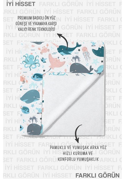 Deniz Canlıları Çocuk Plaj Havlusu - Pastel Sevimli Balinalar Havuz Hızlı Kuruyan Mikrofiber Havlu Çok Renkli