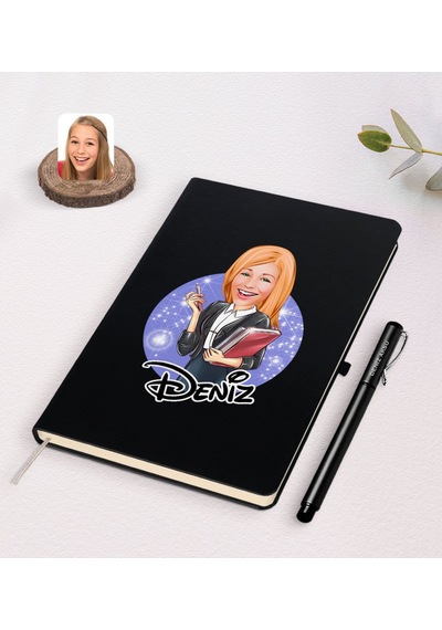 Kişiye Özel Kadın Yönetici Karikatürlü Siyah Defter + Anahtarlık