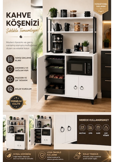 Çok Amaçlı Kahve Köşesi Ve Mikrodalga Fırın Dolabı Mutfak Düzenleyici Raf Organizer 97x33x165 Cm Beyaz Çok Amaçlı Kahve Köşesi Ve Mikrodalga Fırın Dolabı Mutfak Düzenleyici Raf Organizer 97x33x165 Cm Beyaz