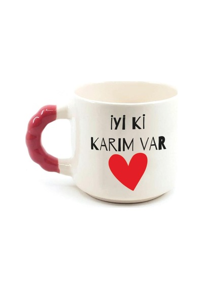 İyi Ki Karım Var Baskılı Kırmızı Kulplu Boncuk Sevgililer Günü Kupası