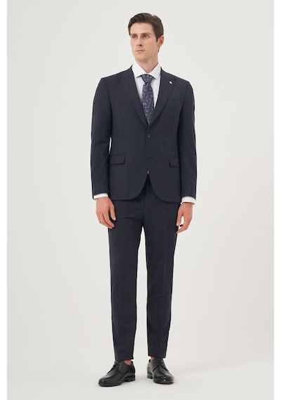 Morven Erkek Lacivert Yünlü Trend Ekoseli Slim Fit Sivri Yaka Takım Elbise 26mc001013200 Lacivert