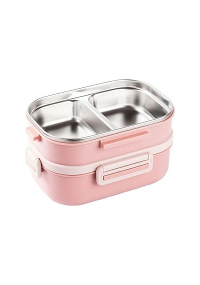 Tantitoni Pembe Paslanmaz Çelik 2 Katlı Chopstıck Ve Kaşıklı Yemek Taşıma Kabı 1.65l