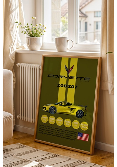 Corvette Z06 Z07 Araba Tablosu - Teknik Özellikli Otomobil Poster - Çerçeveli Duvar Dekoru Kayın