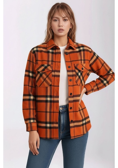 Mamayaga Kadın Desen Bloklu Oduncu Oversize Bol Ve Geniş Kalıp Casual Cepli Yakalı Ceket Gömlek Turuncu