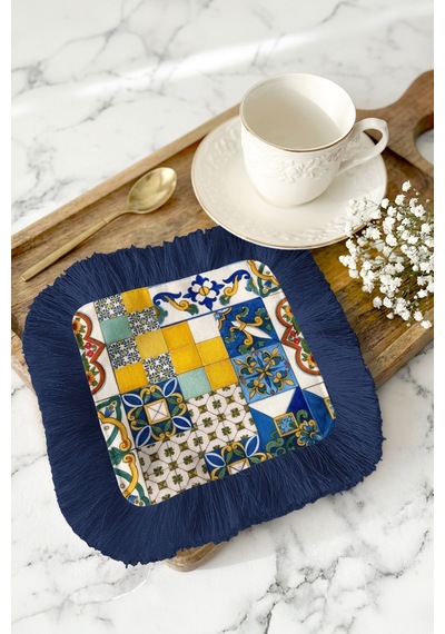 Akdeniz Patchwork Püsküllü Sunum Peçetesi - İtalyan Mozaik Bohem Lacivert Bardak Altlığı Mendil Çok Renkli