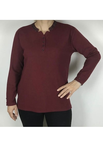 Yakası Taşlı Ve Düğmeli Spor Anne Bluz Fuşya