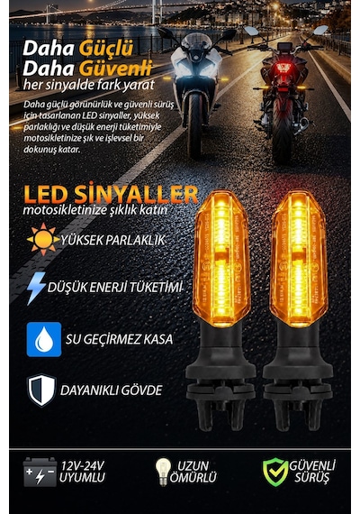 Motosiklet Led Sinyal Ön Lambası Universal Kısa Gövde Gündüz Led Ve Kayan Sinyal