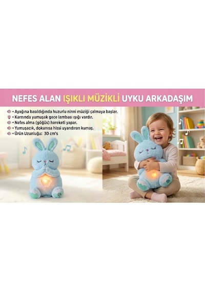 Nefes Alan Işıklı Müzikli Uyku Arkadaşı Tavşan 30 Cm Ninni Söyleyen Göğsü Hareketli Uyku Oyuncağı Mavi