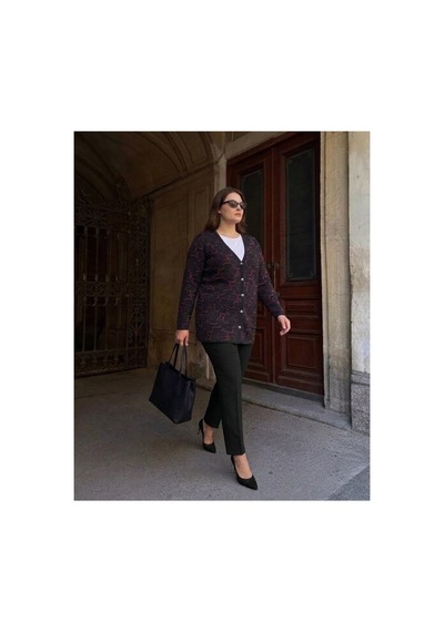 Onno Style Women Kalp Desenli Klasik Triko Düğmeli Ceket Siyah - Bordo