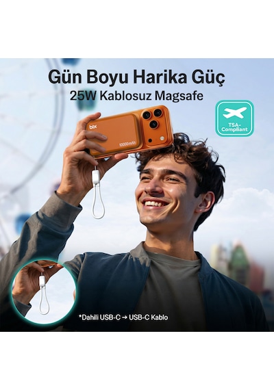 Bix Pb121 Qi2.2 Sertifikalı 25w Kablosuz Magsafe 10000mah Ultra Korumalı Powerbank Dahili Usb-c Kablolu Bej