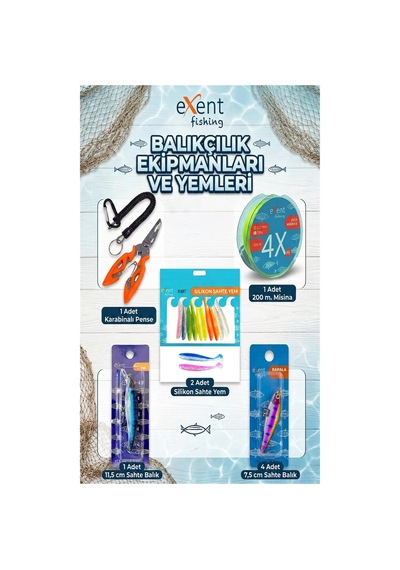 Exent Balıkçılık Ekipmanları Ve Yemleri Seti Pense - Misina - Silikon Yem - Sahte Balık