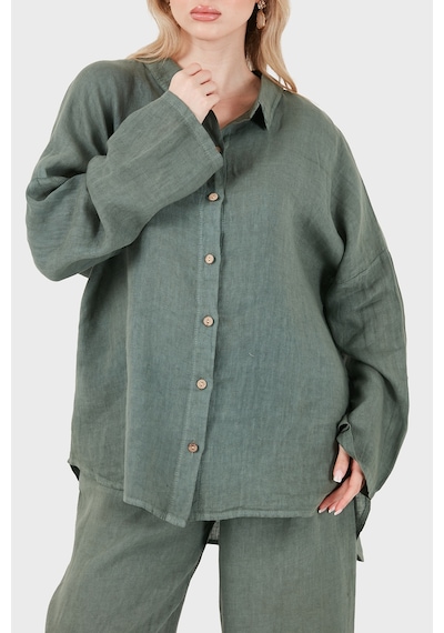 Via Dante % 100 Keten Oversize Yarı Transparan Gömlek Bayan Gömlek 7697 Haki