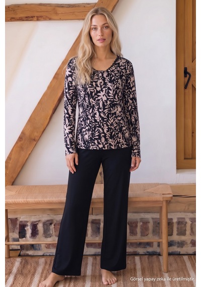 Siyah İnci Desenli Düğmeli Dantelli Viskon Örme Pijama Takım 26224678 Çok Renkli