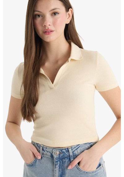 Defacto Fitted Polo Yaka Fitilli Kaşkorse Kısa Kollu Tişört A0379ax25smer144 Ekru