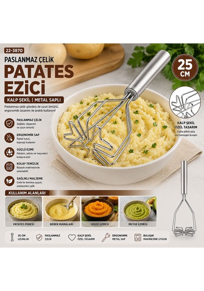 Şekilli Metal Patates Ezici 26 Cm Krom Saplı, 9 Cm Başlık Sarı