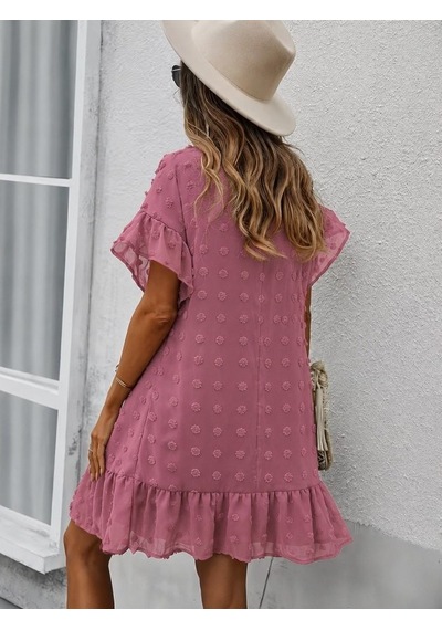 Dogutrend Kadın Kısa Kollu V Yakalı Kısa Puantıyeli Şifon Elbise Pembe