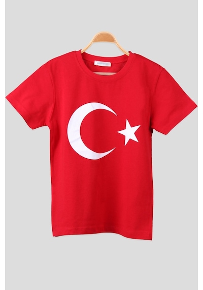 Nacar Store Unısex Kırmızı Ayyıldız Baskılı Baskılı Çocuk T-shirt Kırmızı-1