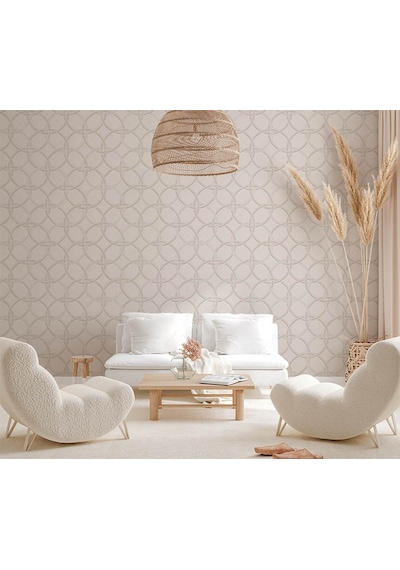 Beyaz Krem Geometrik Desen Ucuz Duvar Kağıdı 53965 Çok Renkli