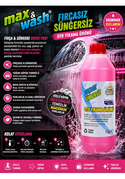 Max&wash 1 Kg Fırçasız Süngersiz Oto Yıkama Şampuanı 1/60 Konsantre Yoğun Köpük Boya Dostu Profesyonel Araç Yıkama Ürünü