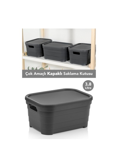 1 Adet Kapaklı Dekoratif Piramit Saklama Kutusu - Dolap Düzenleyici Organizer 3,8 Litre Antrasit Antrasit