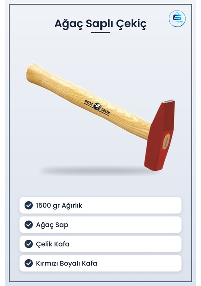 Ağaç Saplı Çekiç 1500 Gr Kırmızı Boyalı Çelik Kafa Hırdavat Tamir
