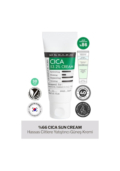 Derma Factory %66 Centella Asiatica İçeren Yatıştırıcı Güneş Kremi Derma Factory Cica Sun Cream sp40 pa+++ 30gr