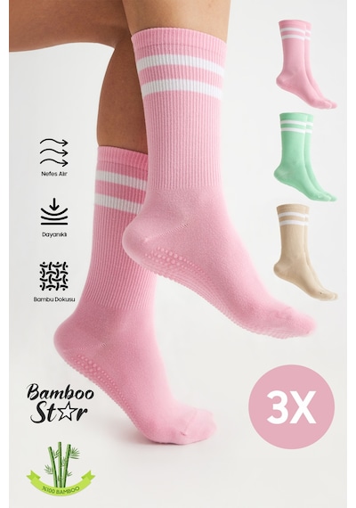 Bamboo Star Bambu Kadın Kaydırmaz Taban Silikon Baskı Yoga Fitness Pilates Bale Dans Kaymaz Tenis Çorabı 3'lü Çok Renkli