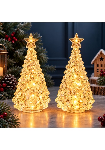 2 Adet Kristal Amber Işıklı Mini Yılbaşı Çam Ağacı Kristal Tepe Yıldızlı Noel Ağacı Yılbaşı Ağacı 10 CM