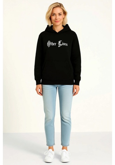 Ersefa Kadın Üç İplik Kapüşonlu Sweatshirt Hoodie Göğsü Gotik Yazı Baskı siyah
