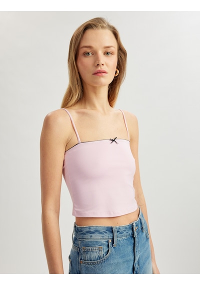 Koton Renk Kontrastlı Fiyonk Detaylı Slim İnce Askılı Crop Üst Pembe 5sak10339ek Gül
