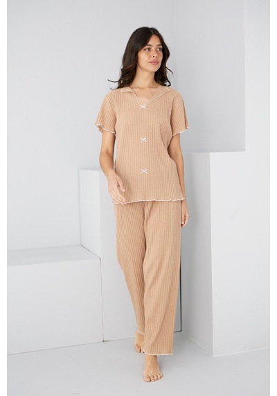 Siyah İnci Mevsimlik İnce Fiyonklu Pijama Takım7879 Sütlü Kahve