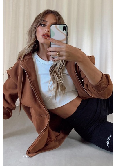 Madmext Mad Girls Kahverengi Kapüşonlu Şardonlu Sweatshirt Mg1223 Kahverengi