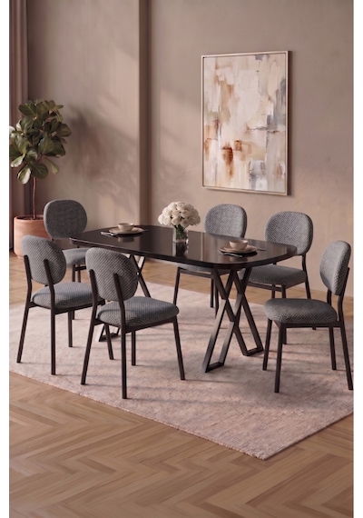 Hooli 90x168 Siyah Mdf Masa, Metal X Ayak, Metal Sandalye, 6 Kişilik Mutfak Masası Takımı Ve Yemek Masası Takımı Gri Hooli 90x168 Siyah Mdf Masa, Metal X Ayak, Metal Sandalye, 6 Kişilik Mutfak Masası Takımı Ve Yemek Masası Takımı Gri
