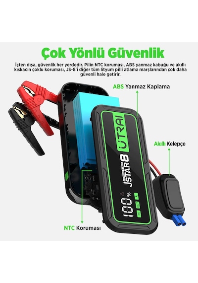 Utraı Jstar 8 74wh 20000mah 3000a Jump Starter Taşınabilir Akü Takviye Cihazı Powerbank + Led Lamba + Taşıma Kılıfı + Lcd Ekran