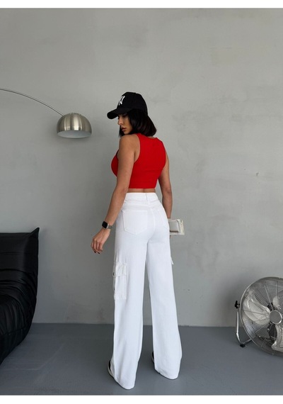 Gabardin Pantolon Wide-leg Fit Yüksek Bel Kargo Cepli Beyaz