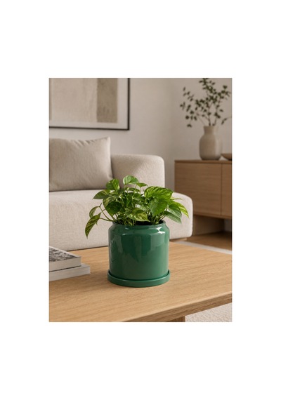 Drum Seramik Saksı Parlak Yeşil Jade Green Çap:18cm Yük:16cm Tabaklı