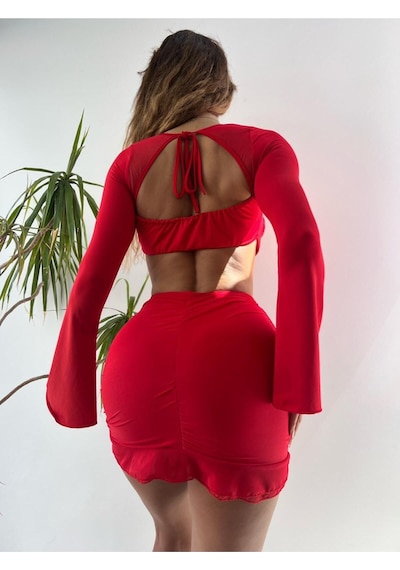 Pink Life Kırmızı Tül Detaylı Büzgülü Etekli İkili Takım Kırmızı