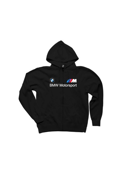 BMW Logo M Power Motorsport Siyah Fermuarlı Kapşonlu Sweatshirt Siyah