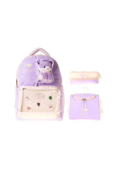 Calacilo K-pop Lilac Peluş Ayı Aksesuarlı Lila Kız Çocuk Üçlü İlkokul Okul Çantası Seti - Setcc-c4104a
