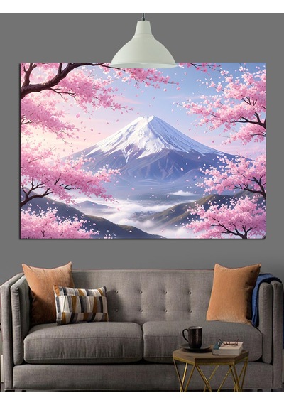 Japon Kiraz Çiçekleri Fuji Dağı Dekoratif Kanvas - Mdf Ahşap Tablo