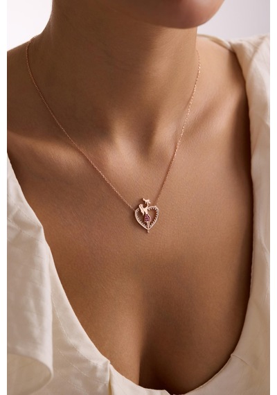 925 Ayar Gümüş Rose Kaplama Kalp Model Pembe Taşlı Anne Bebek Kolye Rose Gold