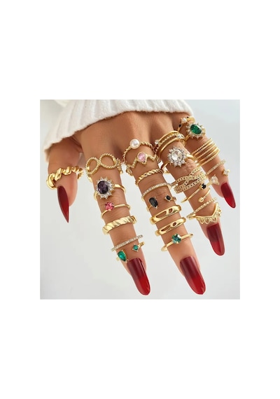 Yasel - 25 Parça Yapay Elmas Taşlı Tasarım Figürlü Şık Vintage & Bohem Çoklu Gold Altın Yüzük Seti