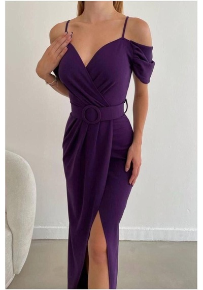 DefyModa Kadın Minimal Krep Kumaş V Yaka Yırtmaçlı Abiye Elbise Mor